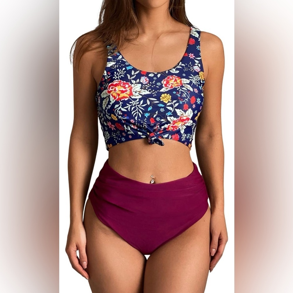 ZAFUL Women's Two Piece High Waisted Tankini Scoop Neck Knotted